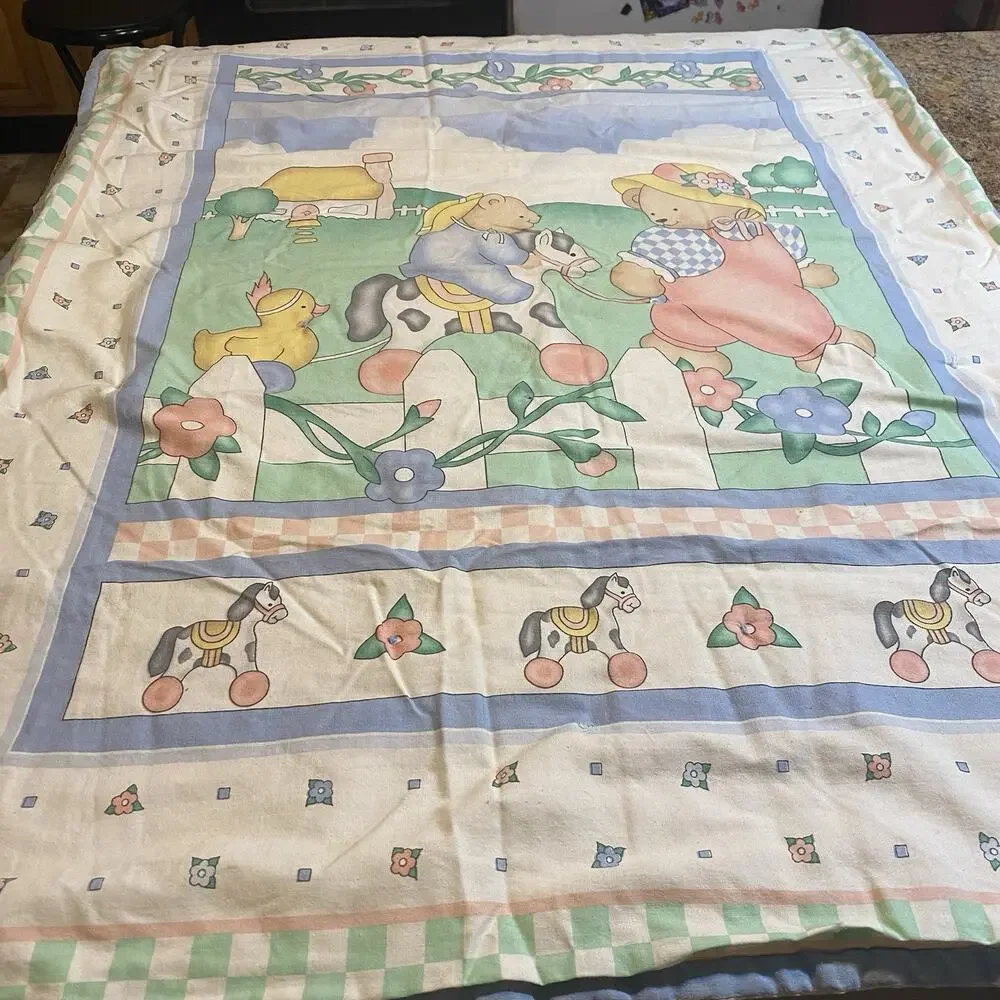 Vintage Crib Baby Coverlet Quilt Blanket Novelty Print Lightweight Cotton 42x30”